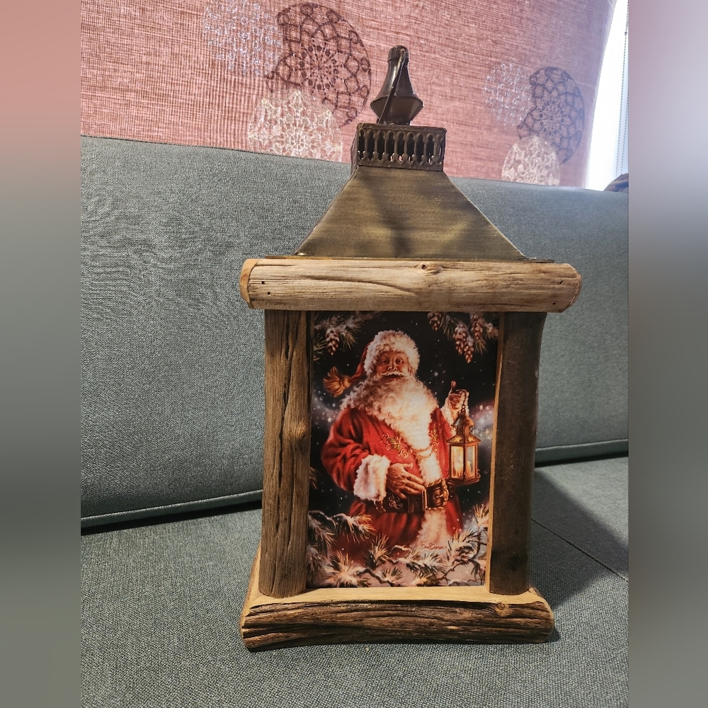 Rustic Christmas Lantern Fiber Optic Santa Deer Wood Frame Metal Top 12x9" Works